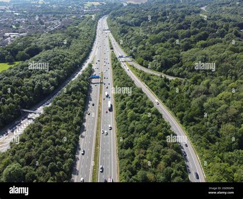 Aerial View Of The M25 Motorway At Junction 7 In Surrey Facing