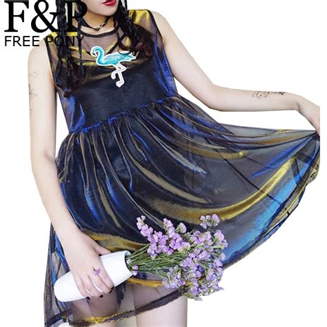 Harajuku Holographic Women Sheer Flamingo Dress Clothes Hologram Fabric