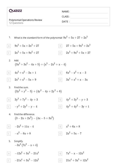 Polynomial Operations Worksheets For Th Grade On Quizizz Free