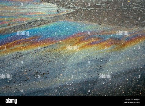 Oil Spill On Dark Asphalt In A Parking Lot The Concept Of