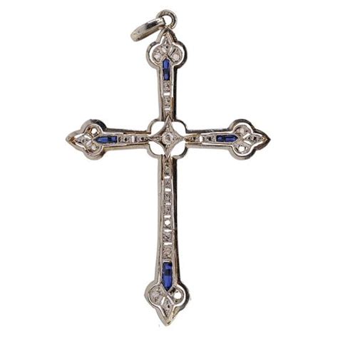 Art Deco Cross In 18k Gold And Platinum With Diamonds And Sapphires Sold At