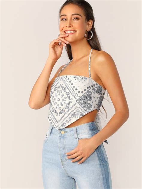 Halter Neck Bandana Print Crop Top Fashion Inspo Outfits Satin Top