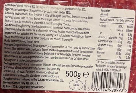 Lean Beef Steak Mince 5 Fat Tesco Kalorie Kj A Nutriční Hodnoty Kalorickétabulky Cz