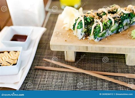 Green Vegetarian Maki In Japanese Restaurant Stock Photo Image Of