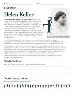 Helen Keller Biography Worksheet Education Helen Keller