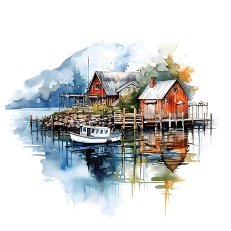 Premium Ai Image Watercolor Boathouse Norway Suspended Over Water And