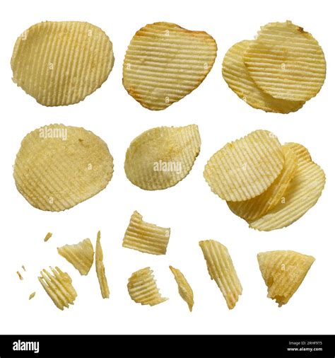 Wavy potato chips with different shapes on white background with ...