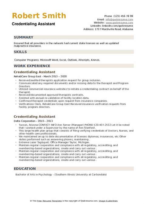 Credentialing Assistant Resume Samples | QwikResume