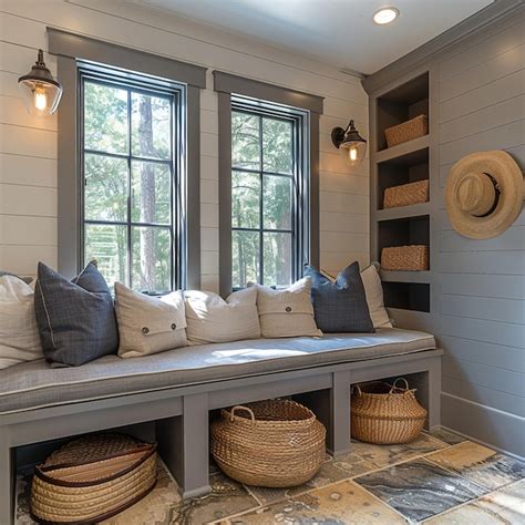 Premium Photo Modern Farmhouse Mudroom With Storage Benches And