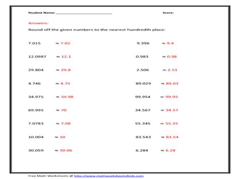 Decimals Round To Nearest Hundredth Worksheet For 4th 5th Grade