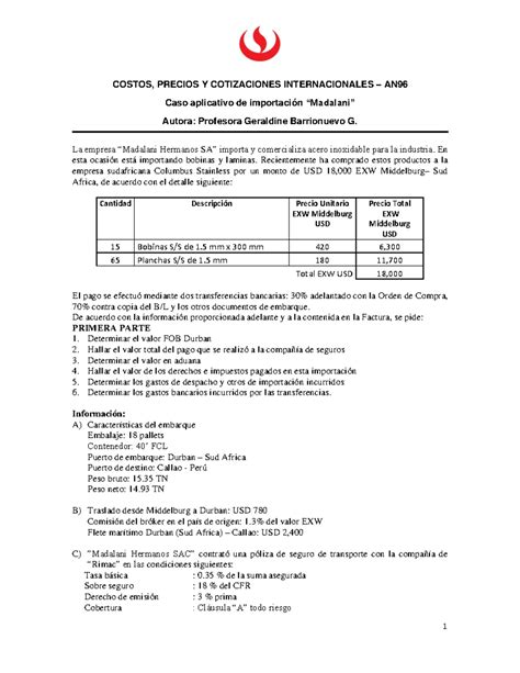 Caso Aplicativo De Importación 1 Madalani 1 Costos Precios Y Cotizaciones Internacionales