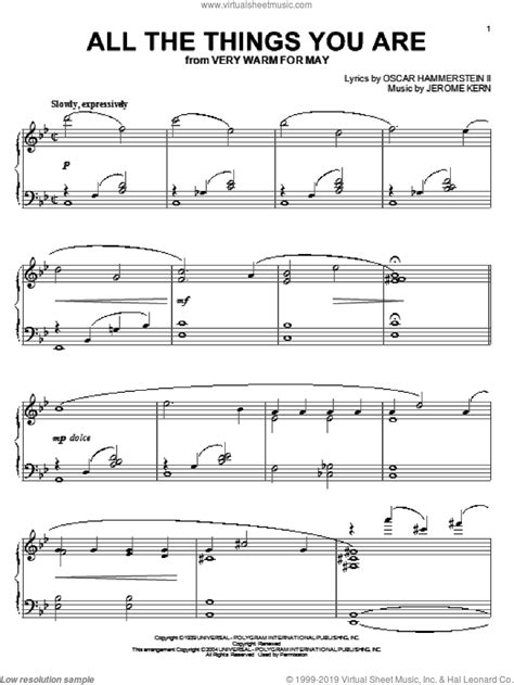 Kern All The Things You Are Intermediate Sheet Music For Piano Solo