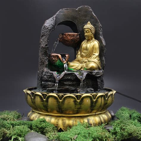 Buddha Water Fountain Indoor Water Feature 30cm Golden Meditating