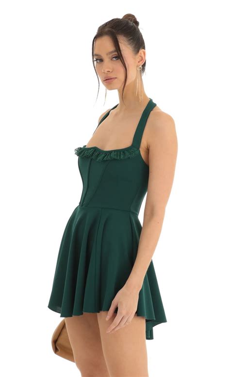 Zina Crepe Corset Ruffle A Line Dress In Green Lucy In The Sky