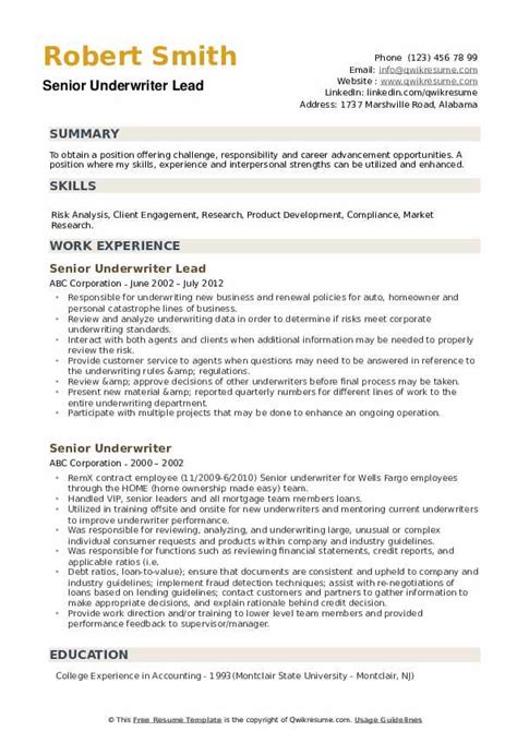 Senior Underwriter Resume Samples Qwikresume