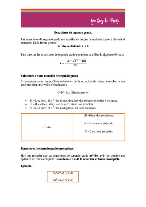 Ecuaciones de segundo grado Teoría y ejercicios Yo Soy Tu Profe