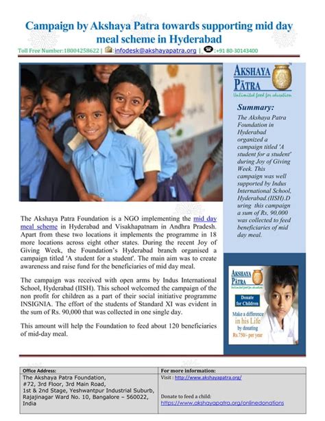 Campaign By Akshaya Patra Towards Supporting Mid Day Meal Scheme In