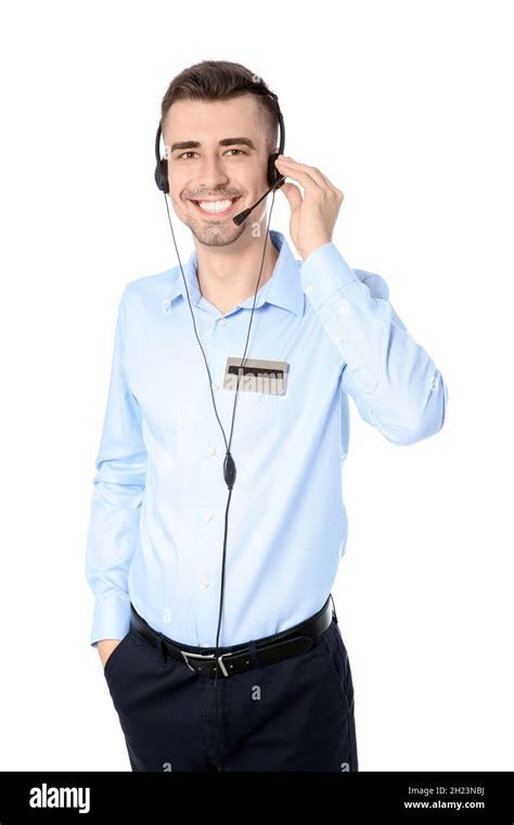 Male Receptionist With Headset On White Background Stock Photo Alamy