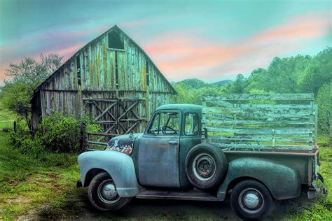 Old Truck At The Barn On A Misty Morning Photograph By Debra And Dave