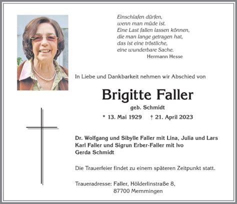 Traueranzeigen Von Brigitte Faller Allg Uer Zeitung