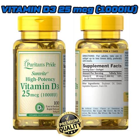 Puritans Puritan Pride High Potency SUNVITE Vitamin D D3 1000 IU Isi