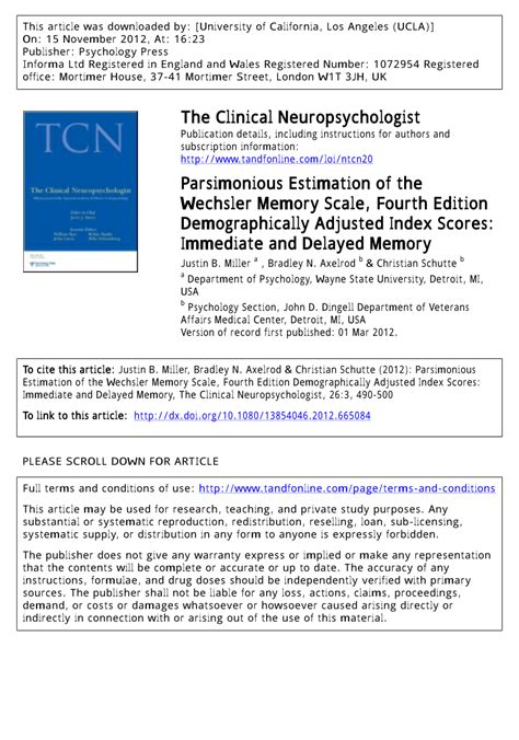 Pdf Parsimonious Estimation Of The Wechsler Memory Scale Fourth