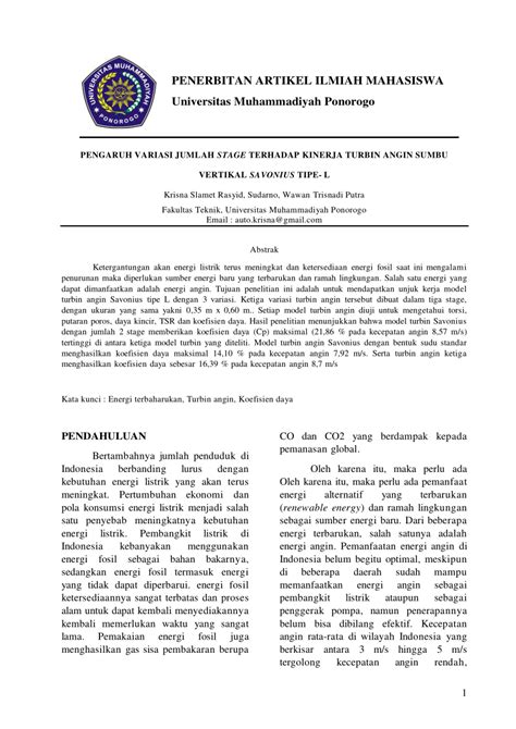 PDF PENGARUH VARIASI JUMLAH STAGE TERHADAP KINERJA TURBIN ANGIN SUMBU