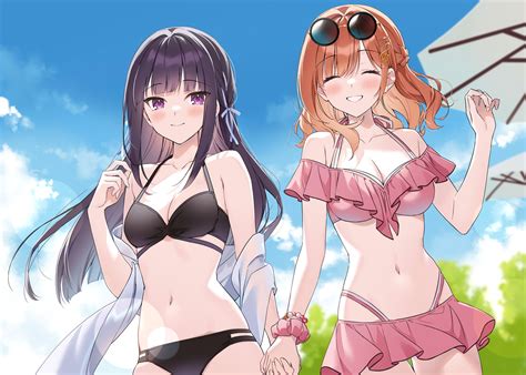 2girls Bikini Black Hair Blush Breasts Cleavage Kuroki Ma Na Tu Long Hair Navel Orange Hair