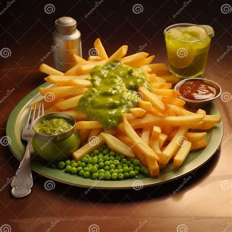 Hyper Realistic Plate Of Curry And Chips With Mushy Peas Stock