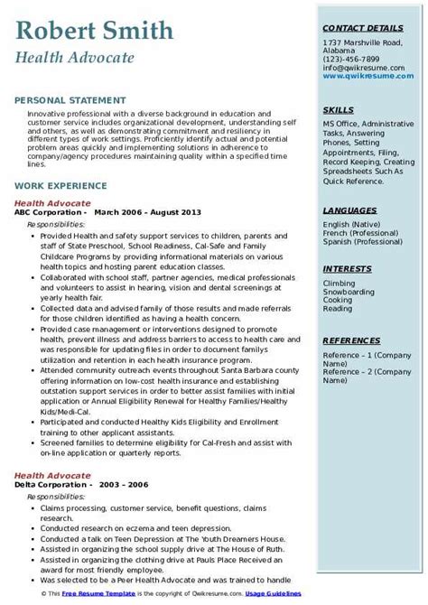 Health Advocate Resume Samples Qwikresume