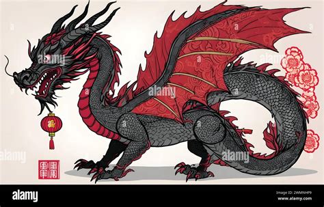 black dragon with red wings on white background Stock Vector Image ...