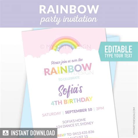 Pastel Rainbow Birthday Invitation Pink My Party Design