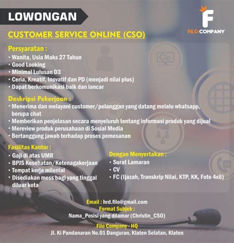 Lowongan Kerja Customer Service Online CSO Di Filo Company