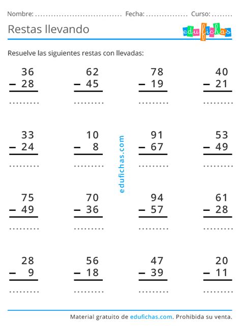 Restas Con Llevadas Hoja De Restas Para Imprimir En Pdf Restas Con Llevadas Actividades De