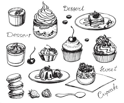 Set Of Desserts Cupcakes Cakes Berries Spoons Cream Waffles