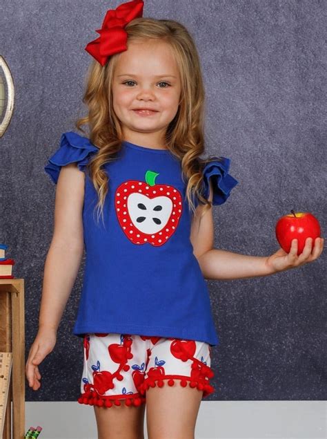 Girls Apple Applique Ruffled Top And Pom Pom Shorts Set Mia Belle Girls