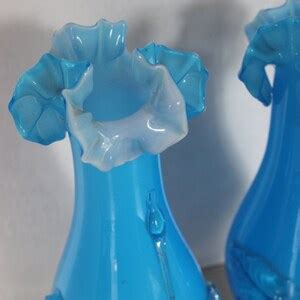 Rare Vintage Pair Of Blue Stevens Williams Hand Blown Vases W Ruffle