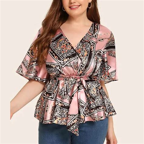 Feminino Plus Size Casual Com Decote Em V De Manga Curta Impresso Cinto