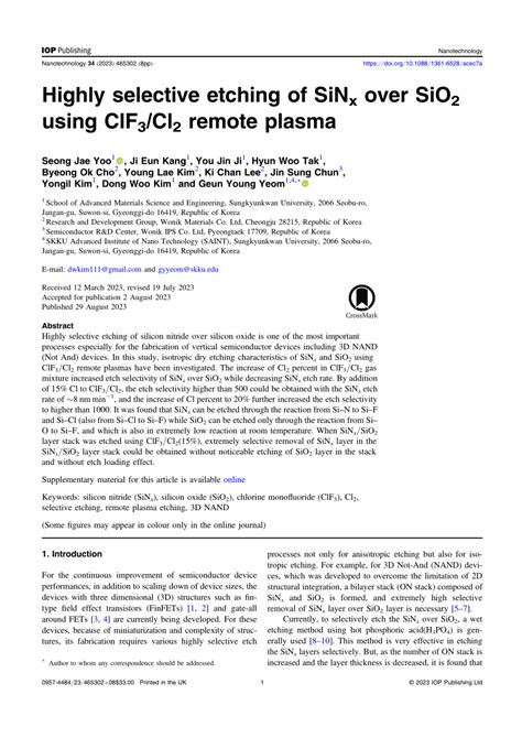 Highly Selective Etching Of SiN X Over SiO 2 Using ClF 3 Cl 2 Remote