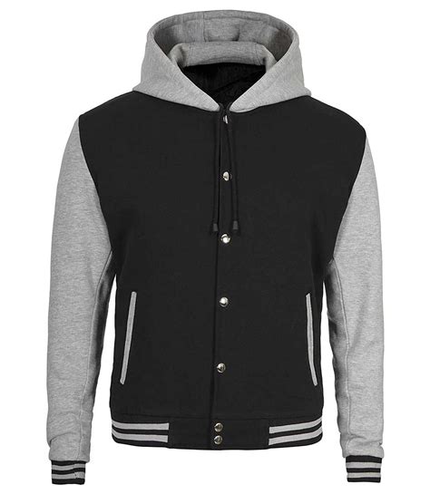 Black And Grey Varsity Jacket With Hood For Men