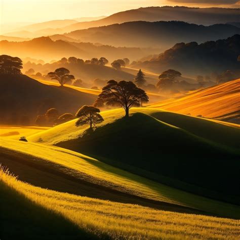 Un Paisaje Con Colinas Y Rboles En Primer Plano Y El Sol Brillando En