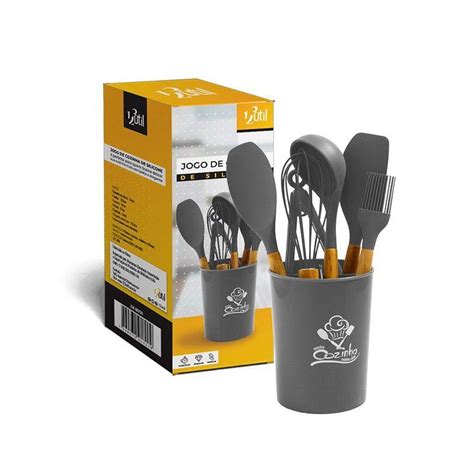 Kit Utensilios De Cozinha Silicone 7 Pçs Cabo De Madeira 123 Util