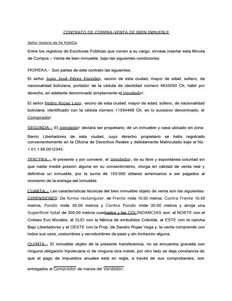 Modelo De Contrato Compra Venta De Un Bien Inmuble Señor Notario De