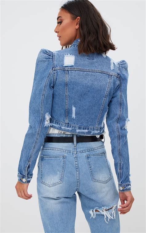 Mid Wash Extreme Shoulder Cropped Denim Jacket Denim Prettylittlething