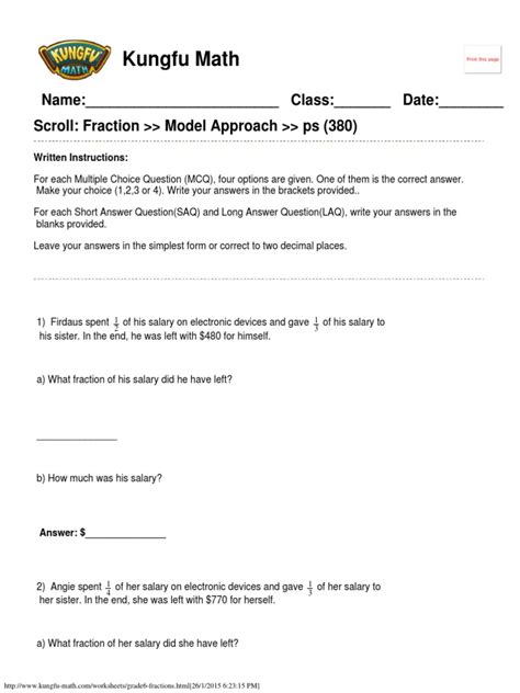 Singapore Math Worksheets Grade 6 Fractions Pdf Teaching