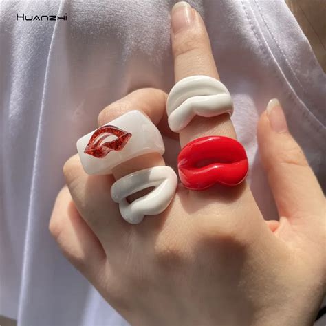 Huanzhi Anillo De Resina De Labios Rojos Para Mujer Y Ni A Sortija Acr