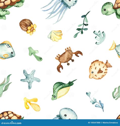 Watercolor Seamless Pattern With Underwater Creatures Sea Turtle