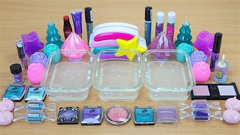 PINK Vs PURPLE Vs MINT SLIME Mixing Makeup And Glitter Into Clear Slime