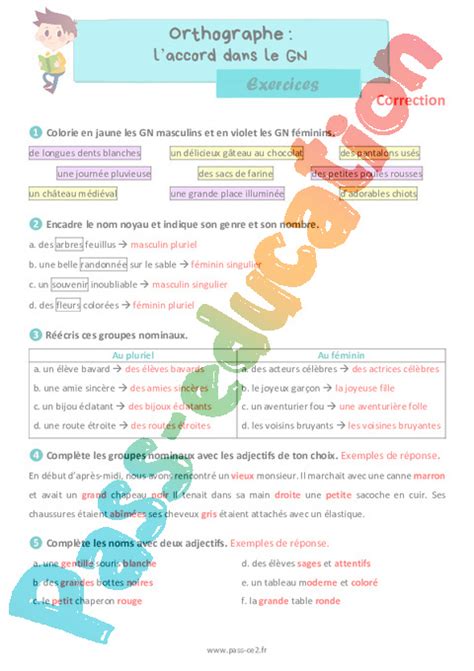 L Accord Dans Le Groupe Nominal Exercices D Orthographe Eme