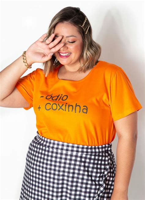 Blusa Laranja Com Estampa Na Frente Plus Size Marguerite